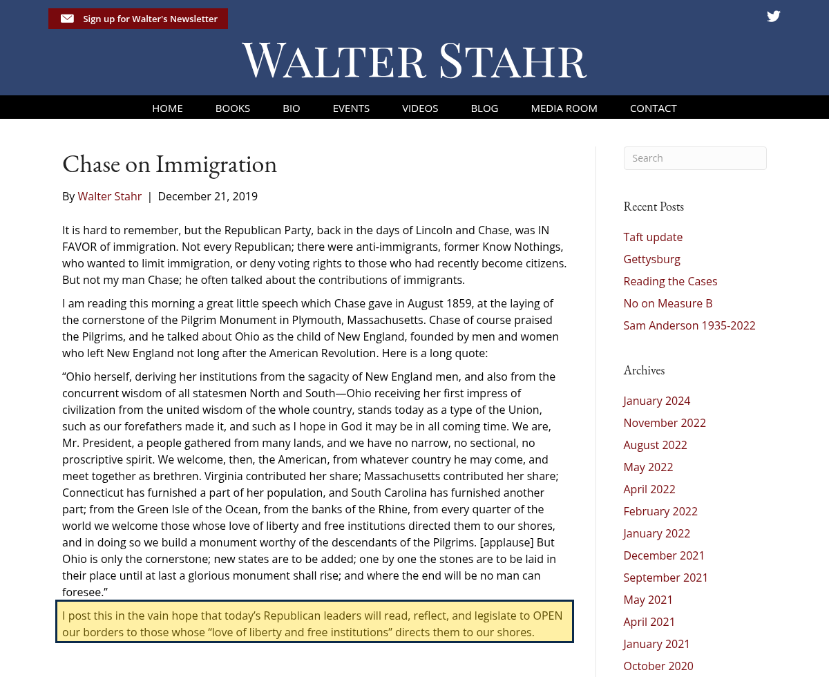Screenshot of walterstahr.com. The post is titled Chase on Immigration, by Walter Stahr, December 21, 2019. The final sentence is highlighted: I post this in the vain hope that today's Republican leaders will read, reflect, and legislate to OPEN our borders to those whose love of liberty and free institutions directs them to our shores.